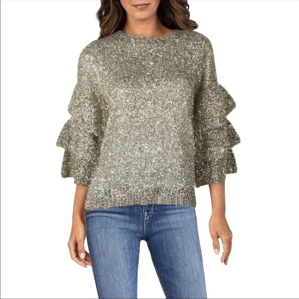 Endless rose metallic thread cascade ruffle sleeve sweater 5694